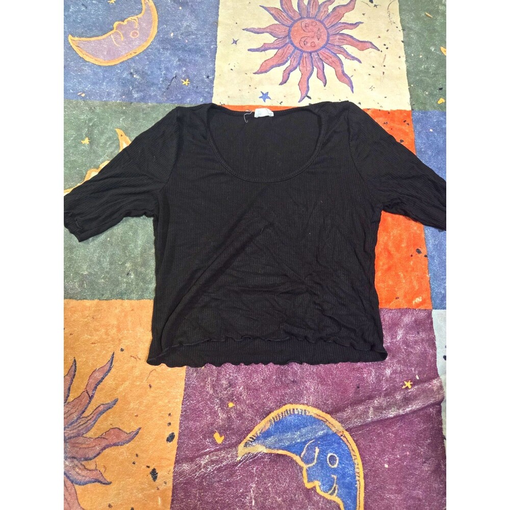 LE LIS Women's Black Ribbed Knit Scoop Neck Short Sleeve Top Size M
